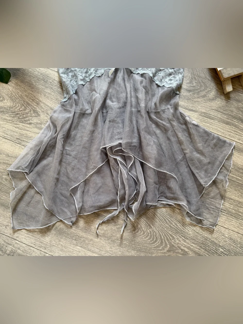 Sheer Delicate Lace Open Front Waterfall Chemise Slip Top in Gray. Size M